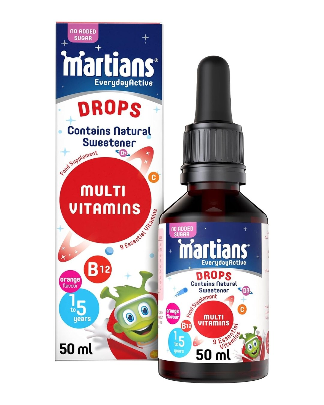 Martians Daily Multivitamin Drops 50 ml, 9 Essential Vitamins With Orange Flavor Including